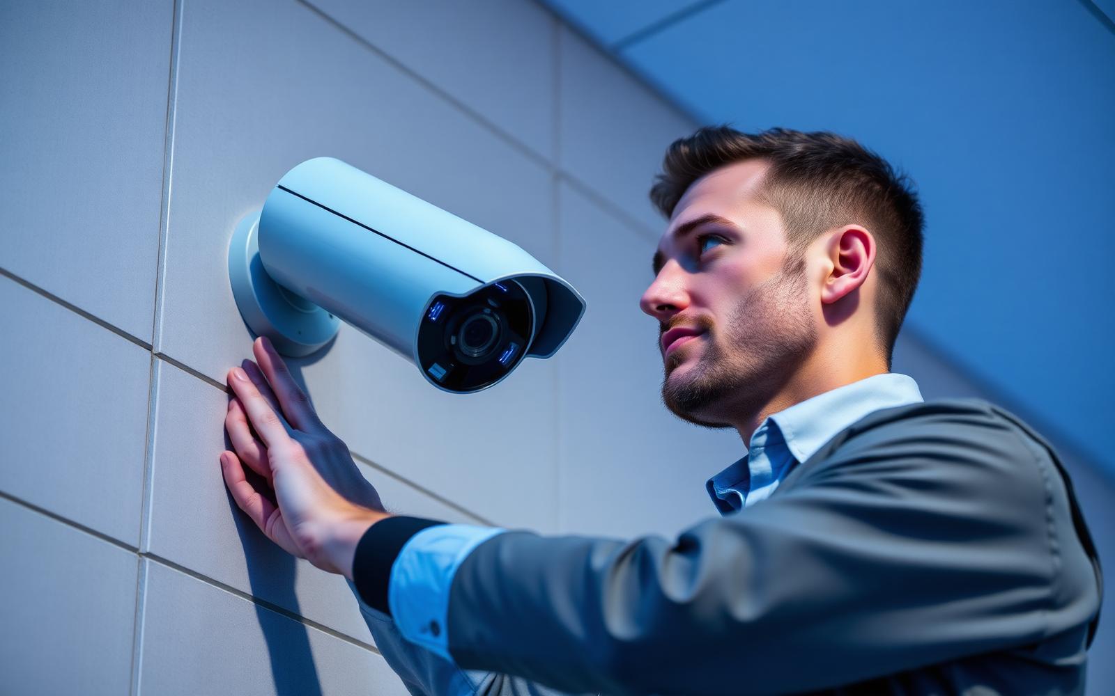 Técnico da VS Security instalando câmera de segurança